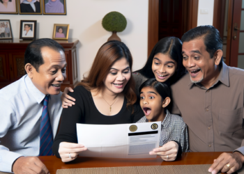 A family receiving a check from the government