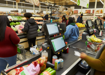 A picture of a bustling grocery store checkout line, emphasizing the use of SNAP benefits.