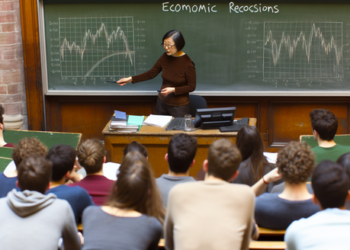 A professor giving a lecture about economic recessions at a university