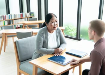 A woman meeting with a welfare officer, discussing her options in a calm and safe environment