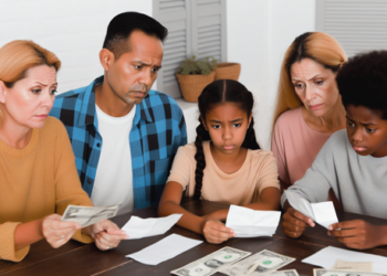 A worried family discussing bills at their dining table