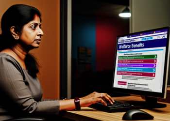 An individual sitting in front of a computer, researching welfare benefits