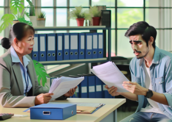 An official examining the documents of an applicant for public assistance