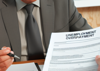 An individual in an office setting reviewing documents related to unemployment overpayment scenarios